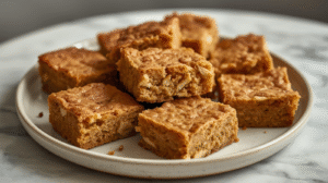 Healthy pumpkin banana bread bars on a plate, garnished with cinnamon, with bananas and a pumpkin in the background.