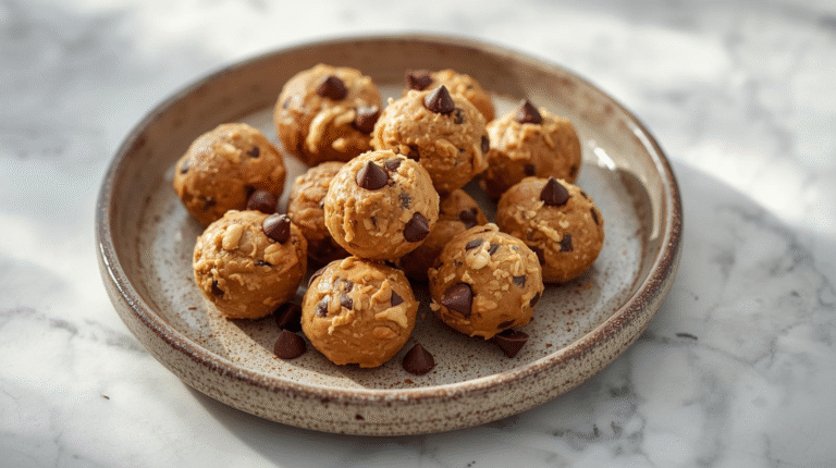 A plate of high protein peanut butter bites with chocolate chips.