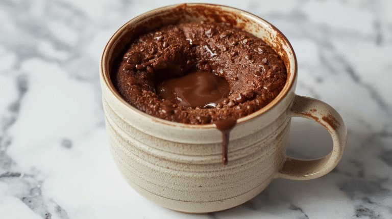 A delicious Nutella mug cake in a white mug, topped with Nutella.