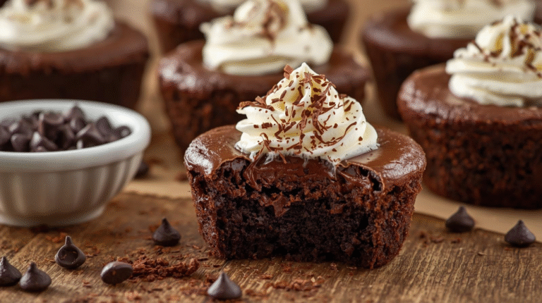 A tempting display of chocolate fudge brownie cups, each topped with a dollop of whipped cream and a sprinkle of chocolate shavings.