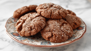 A plate of spiced molasses cookies dusted with sugar.