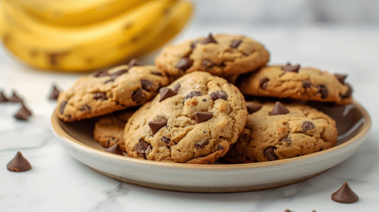 Freshly baked banana chocolate chip cookies on a plate with bananas and chocolate chips in the background.