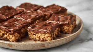 Chocolate peanut butter rice crispy bars drizzled with chocolate.