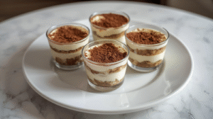 Four elegant cups of classic tiramisu, showcasing layers of coffee-soaked ladyfingers and creamy mascarpone topped with a dusting of cocoa powder.