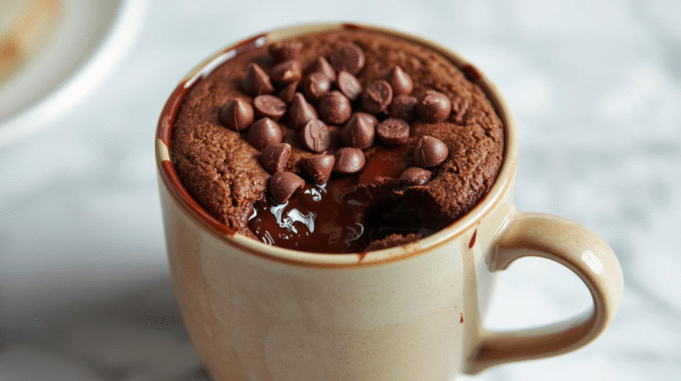 A chocolate mug cake made with cottage cheese, topped with cocoa powder and chocolate chips.
