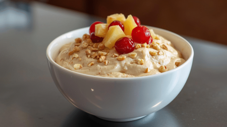 Cottage cheese peanut butter mousse in a glass bowl topped with nuts.