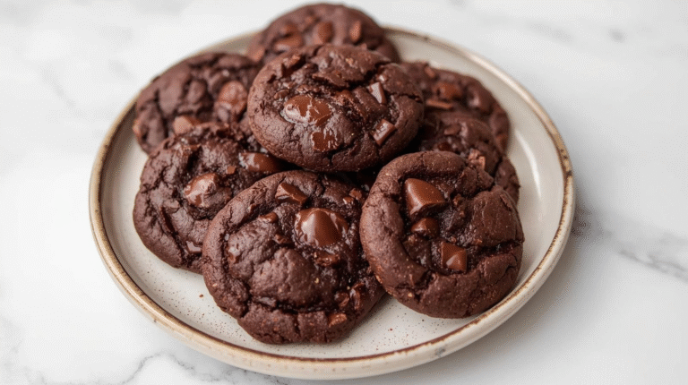 A plate of Keto Simple Chocolate Cookies, golden brown and chocolatey.