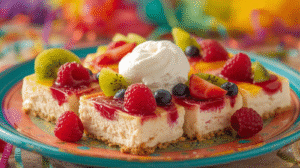 A vibrant plate of fiesta cheesecake bars, showcasing their creamy texture and colorful toppings.