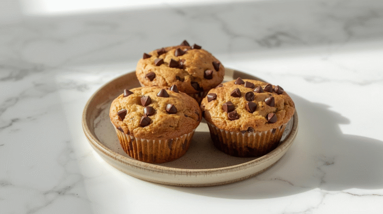 Freshly baked banana chocolate chip muffins.