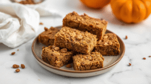 Pumpkin protein bars on a wooden board with cinnamon and pumpkin seeds.