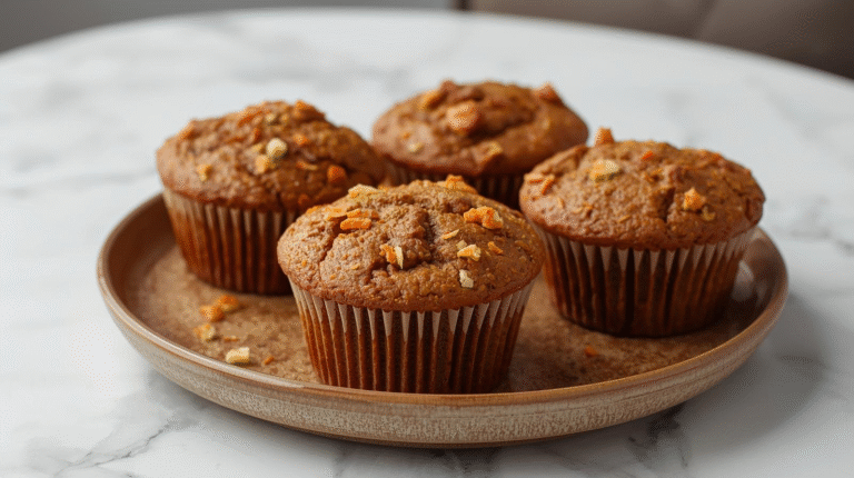 A plate of moist banana carrot muffins, golden brown, with bits of carrot and banana.