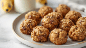 A plate of banana oatmeal cookie bites with chocolate chips, surrounded by ripe bananas.