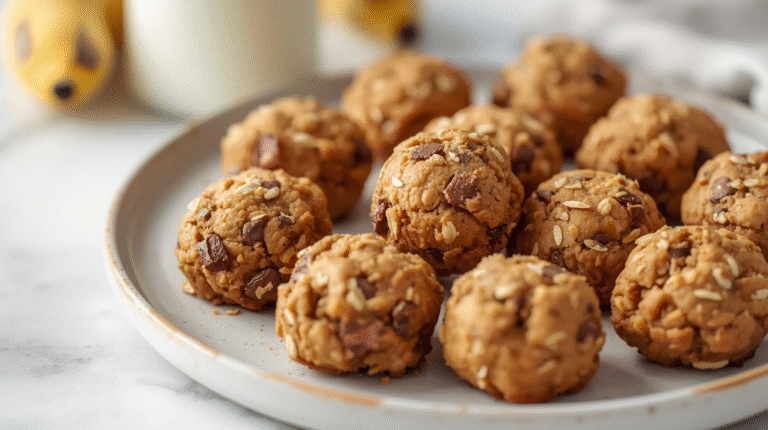 A plate of banana oatmeal cookie bites with chocolate chips, surrounded by ripe bananas.