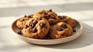 A plate of golden brown chocolate chip cookies with melted chocolate.