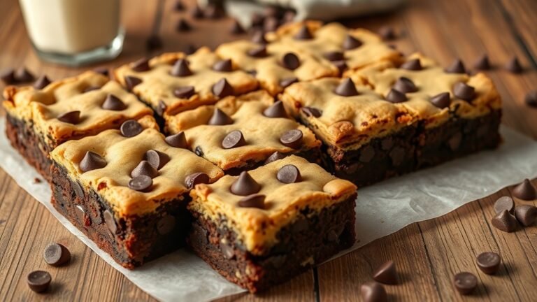 Chocolate chip cookie brownies on a rustic wooden table, showcasing layers of brownie and cookie dough.