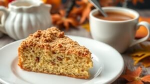 A slice of coffee cake with cinnamon streusel on a plate next to a cup of coffee, set in a cozy fall environment.