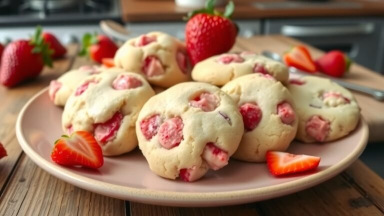 A plate of strawberry cheesecake cookies with fresh strawberries on a wooden table.
