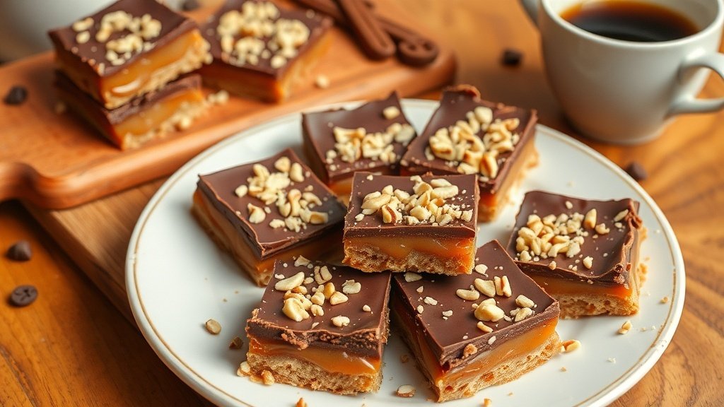 Delicious Knock You Naked Bars with chocolate, caramel, and nuts, served on a rustic plate.