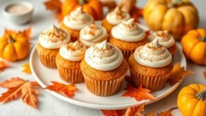 Pumpkin cupcakes with cream cheese frosting on a plate, decorated with autumn leaves and small pumpkins.