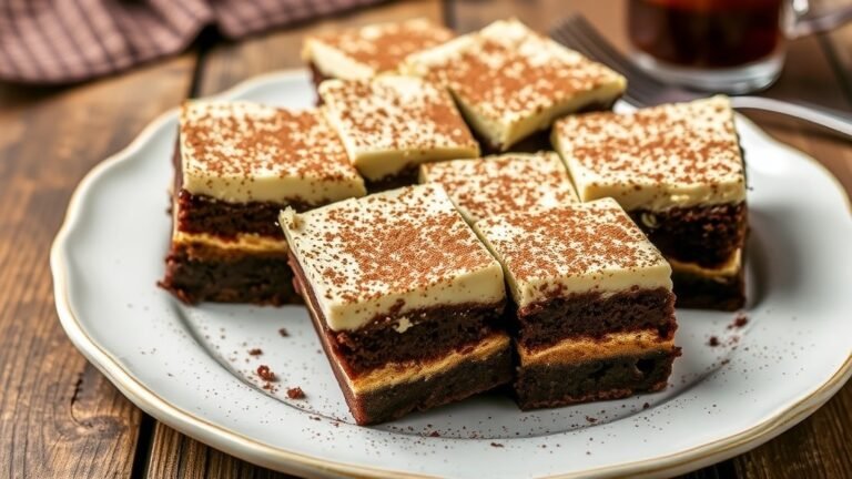 Delicious Tiramisu Brownies with creamy mascarpone and cocoa powder on a rustic table.