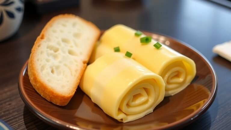 Delicate tamagoyaki served with green onions and a slice of milk bread on a traditional Japanese table.