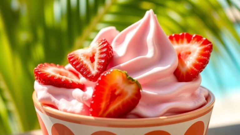 A bowl of strawberry dole whip topped with fresh strawberries, set against a tropical background.