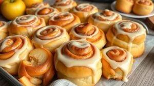 A tray of warm apple cinnamon rolls drizzled with icing, showcasing their fluffy texture and apple filling.