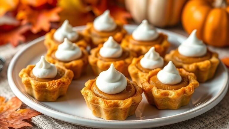 A tray of mini pumpkin pie bites with whipped cream, surrounded by autumn decorations.
