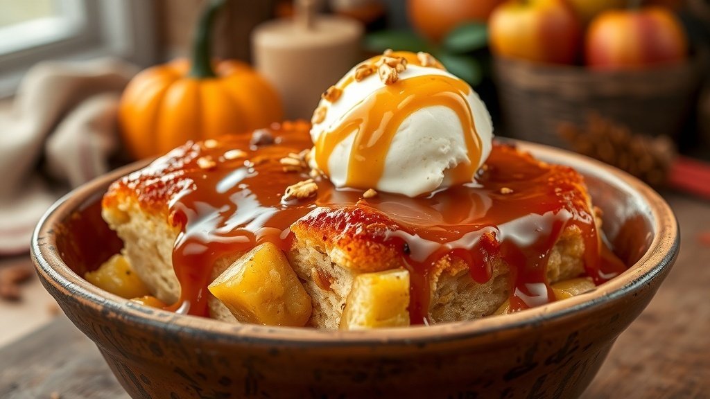 Caramel apple dump cake with caramel sauce and vanilla ice cream in a rustic dish, surrounded by autumn decorations.