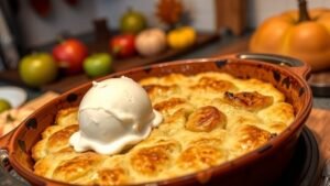 A delicious apple cobbler with a golden crust and spiced apples, served with ice cream in a rustic kitchen.