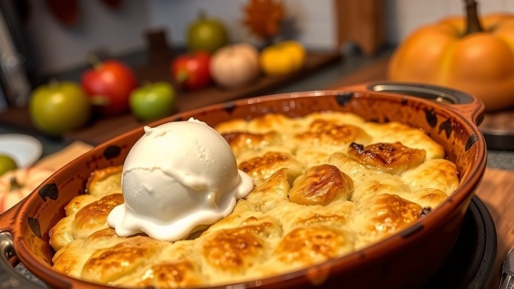 A delicious apple cobbler with a golden crust and spiced apples, served with ice cream in a rustic kitchen.