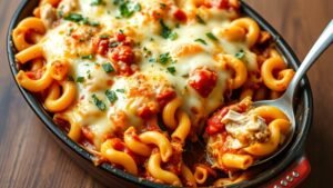 Cheesy chicken parmesan casserole with pasta and marinara sauce, garnished with herbs, in a rustic baking dish.