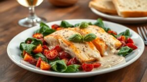 Creamy Tuscan salmon with sun-dried tomatoes and spinach, garnished with basil, served on a rustic table with wine and garlic bread.