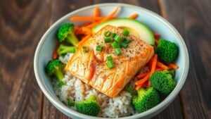 A healthy salmon rice bowl with salmon, brown rice, broccoli, carrots, and avocado on a wooden table.