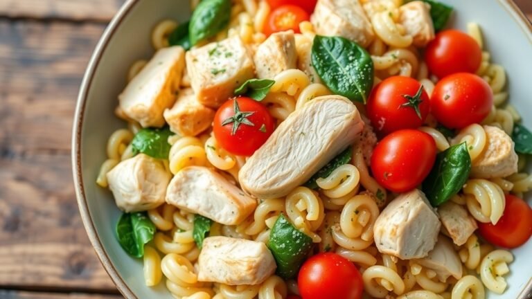 A colorful bowl of Lemon Chicken Orzo with chicken, orzo, tomatoes, and spinach, garnished with parsley on a wooden table.