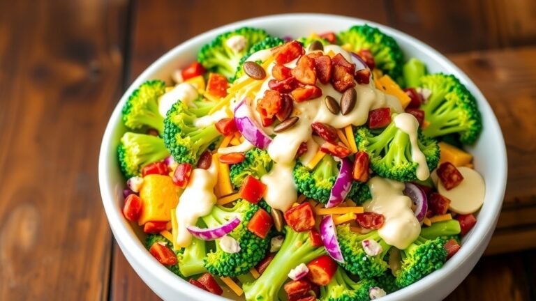 A colorful Loaded Broccoli Salad with broccoli, cheese, bacon, and sunflower seeds in a bowl.