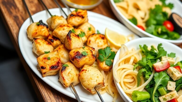 Grilled Parmesan garlic chicken skewers on a plate with pasta and salad, ideal for a casual dinner.