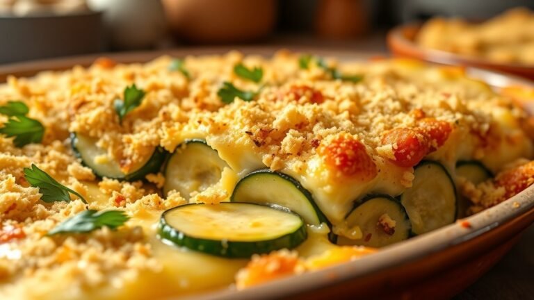 A golden zucchini casserole with layers of cheese and breadcrumbs, garnished with parsley, in a rustic dish.