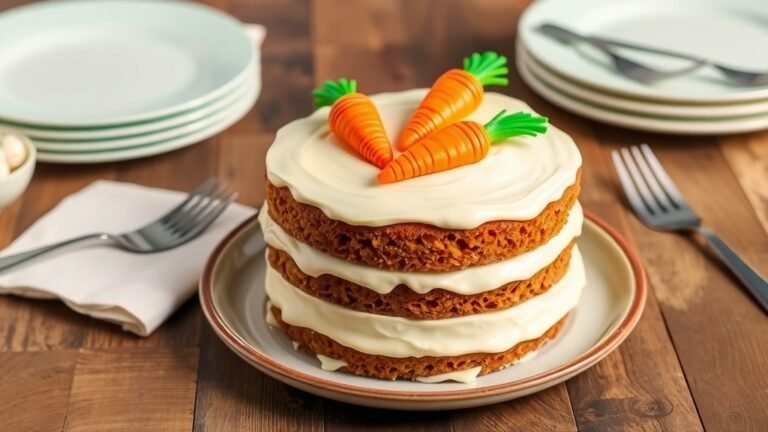 Moist carrot cake with cream cheese frosting, decorated with carrot designs, on a rustic table.