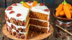 A layered pecan pineapple carrot cake with cream cheese frosting, garnished with pecans and carrots, on a wooden table.