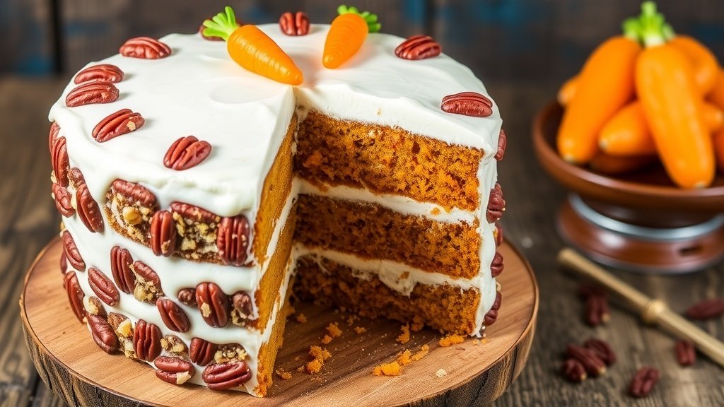 A layered pecan pineapple carrot cake with cream cheese frosting, garnished with pecans and carrots, on a wooden table.