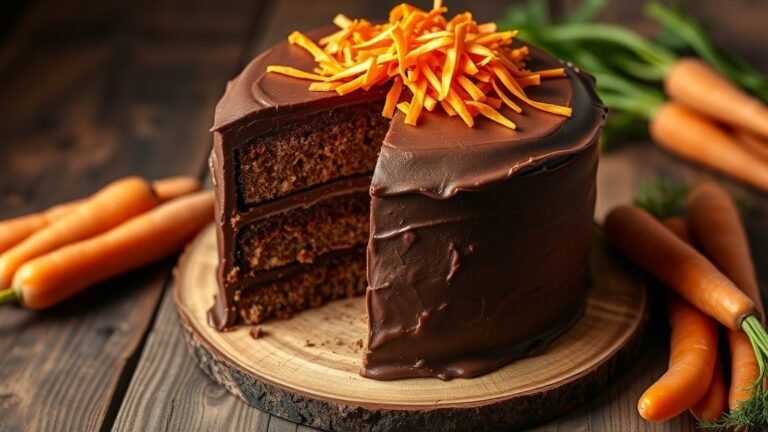 A layered Chocolate Carrot Cake with chocolate frosting and carrot shavings, served on a wooden table.