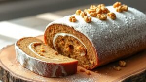 A rolled carrot cake filled with cream cheese frosting, garnished with walnuts, on a wooden board.