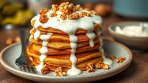 Fluffy carrot cake pancakes topped with cream cheese frosting and walnuts on a rustic plate.