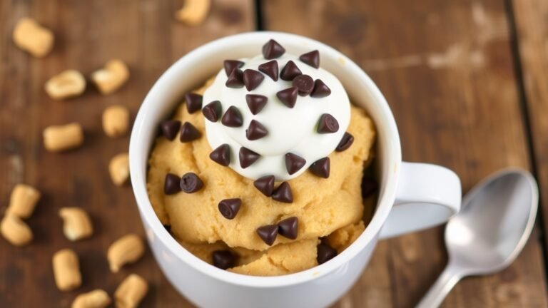 A delicious peanut butter mug cake topped with whipped cream and chocolate chips on a wooden table.