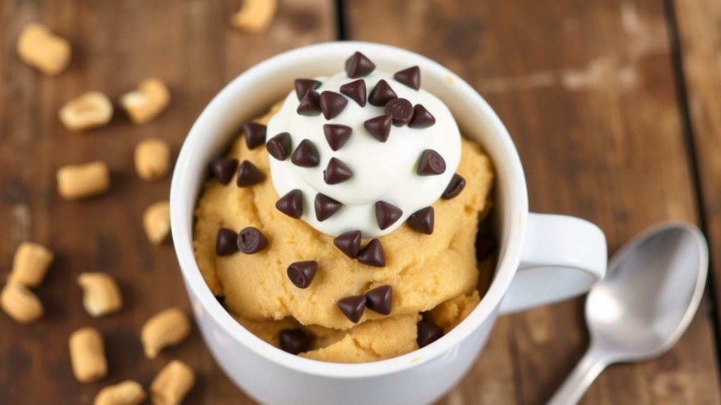A delicious peanut butter mug cake topped with whipped cream and chocolate chips on a wooden table.