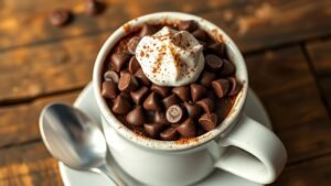 A warm chocolate mug cake with melted chocolate drips, photographed on a white countertop with modern kitchen light pouring in, giving cozy mid-morning sunlight vibes.