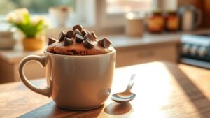 A mug filled with mocha cake topped with chocolate chips, on a kitchen counter with a spoon beside it.