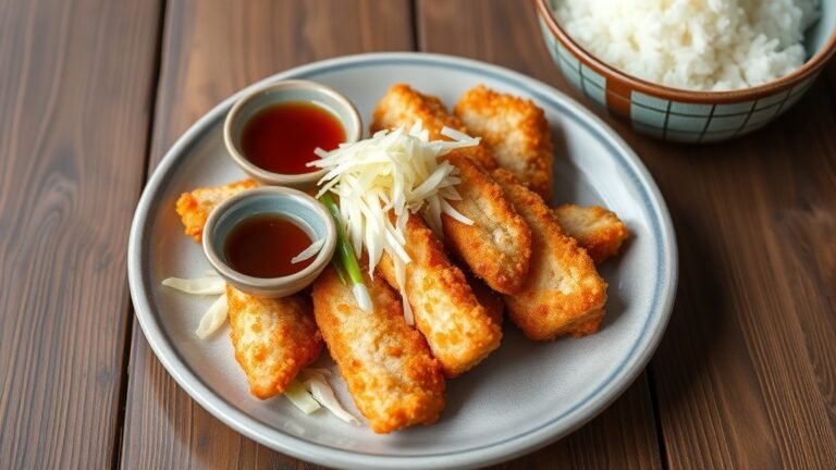 Crispy tonkatsu with pork cutlets, shredded cabbage, and tonkatsu sauce on a rustic table.