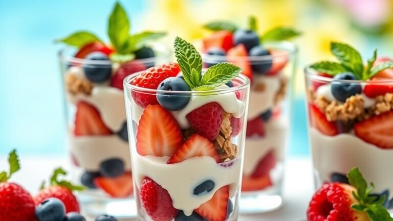 Mini berry parfaits with layers of yogurt, granola, and fresh berries in clear glasses, garnished with mint.
